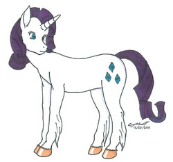 Size: 515x480 | Tagged: safe, artist:cqmorrell, rarity, pony, unicorn, g4, alternate design, female, horn, looking at self, mare, realistic horse legs, signature, simple background, smiling, solo, traditional art, unshorn fetlocks, white background