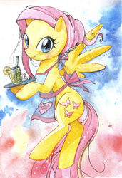 Size: 820x1200 | Tagged: safe, artist:paulina-ap, fluttershy, g4, alternate hairstyle, apron, clothes, drink, female, glass, looking at you, solo, sugarcube corner, traditional art, waitress, watercolor painting