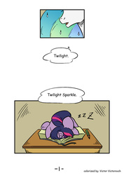 Size: 1024x1449 | Tagged: safe, artist:mrs1989, princess celestia, twilight sparkle, g4, colored, comic, filly, filly twilight sparkle, school, sleeping, sleeping in class, spike the messenger, zzz