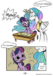 Size: 1024x1449 | Tagged: safe, artist:mrs1989, princess celestia, twilight sparkle, g4, colored, comic, crying, filly, filly twilight sparkle, school, spike the messenger