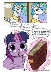 Size: 1024x1449 | Tagged: safe, artist:mrs1989, princess celestia, twilight sparkle, g4, book, colored, comic, filly, filly twilight sparkle, spike the messenger