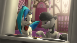 Size: 1920x1080 | Tagged: safe, artist:mentore067, dj pon-3, octavia melody, vinyl scratch, g4, 3d, cute, tongue out, turntable