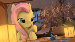 Size: 1920x1080 | Tagged: safe, artist:mentore067, fluttershy, g4, 3d, bonsai, female, japanese, shuriken, solo