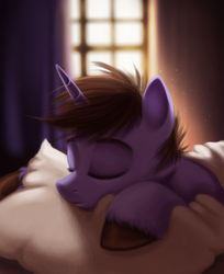 Size: 956x1172 | Tagged: safe, artist:annielith, oc, oc only, pillow, sleeping, solo, unshorn fetlocks