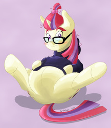 Size: 889x1024 | Tagged: safe, artist:symplefable, moondancer, pony, unicorn, amending fences, g4, belly, big belly, blushing, clothes, embarrassed, featureless crotch, female, glasses, looking at you, mare, pregdancer, pregnant, solo, spread legs, spreading, sweater