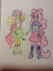 Size: 1936x2592 | Tagged: safe, artist:violetlinkisbae, fluttershy, pinkie pie, equestria girls, g4, blushing, clothes, skirt, tank top, traditional art