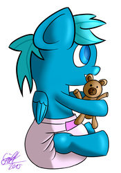 Size: 895x1276 | Tagged: safe, artist:gift, oc, oc only, pegasus, pony, anny fic, baby, baby pony, cute, diaper, foal, poofy diaper, solo, teddy bear
