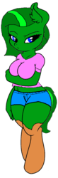 Size: 395x1200 | Tagged: safe, artist:littletranslilac, edit, oc, oc only, oc:jade aurora, anthro, unguligrade anthro, annoyed, anthro oc, belly button, boots, clothes, curvy, cute, daisy dukes, female, midriff, shorts, solo