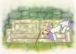 Size: 1249x881 | Tagged: safe, artist:liracrown, rarity, spike, g4, clothes, couch, crossover, game, hat, ico, resting, sleeping