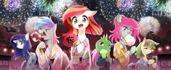 Size: 1280x527 | Tagged: safe, artist:yukina-namagaki, oc, oc only, oc:poniko, oc:rokuchan, oc:tobarichan, dragon, pony, fireworks, kimono (clothing), looking at you