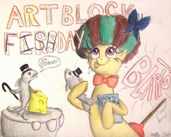 Size: 997x801 | Tagged: safe, artist:thefriendlyelephant, oc, oc only, butterfly, earth pony, elephant, fish, pony, afro, art block, book, bowtie, cane, cheese, eyelashes, feet, flag, funny, hat, insanity, plunger, pun, random, silly, silly face, solo, tongue out, top hat, traditional art