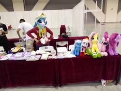 Size: 960x720 | Tagged: safe, artist:hutouluosha, fluttershy, pinkie pie, princess celestia, human, g4, clothes, guangzhou furrycon, hutouluosha(photographers), irl, irl human, moustache, photo, pinkamena diane pie, plushie, s1 luna, stockings, yukandasama(coser)