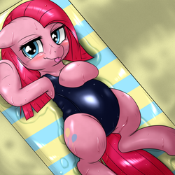 Size: 1000x1000 | Tagged: dead source, safe, artist:ushiro no kukan, pinkie pie, earth pony, pony, g4, adorasexy, armpits, beach, belly, clothes, cute, cuteamena, diapinkes, female, looking at you, mare, one-piece swimsuit, pinkamena diane pie, plump, school swimsuit, sexy, solo, swimsuit, tongue out, wet, wet mane