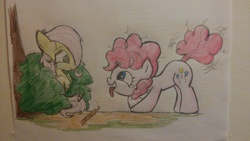 Size: 1044x587 | Tagged: safe, artist:crimsion ink, fluttershy, pinkie pie, g4, behaving like a dog, cute, fanfic art, filly, foal, stick, tongue out, traditional art