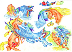 Size: 6876x5000 | Tagged: safe, artist:dawn22eagle, applejack, rainbow dash, earth pony, pegasus, pony, g4, absurd resolution, colored wings, duo, female, lesbian, multicolored wings, rainbow feathers, rainbow wings, ship:appledash, shipping, tail feathers, traditional art, wings