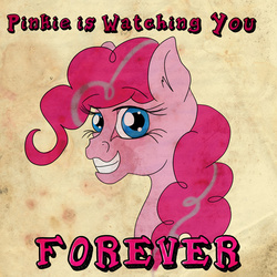 Size: 900x900 | Tagged: safe, artist:littlewolfstudios, pinkie pie, earth pony, pony, fallout equestria, g4, fanart, fanfic, fanfic art, female, forever, looking at you, mare, ministry mares, ministry of morale, pinkie pie is watching you, poster, propaganda, smiling, solo, teeth, text