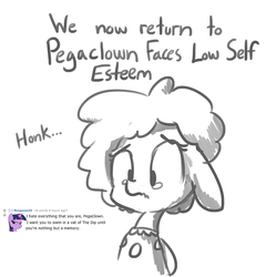 Size: 806x806 | Tagged: safe, artist:tjpones, twilight sparkle, oc, oc:pegaclown, pegasus, pony, horse wife, g4, ask, bust, clown, comments, crying, dialogue, female, floppy ears, grayscale, honk, low self esteem, mare, monochrome, reddit, sad, sad clown, simple background, teary eyes, tumblr, white background, who framed roger rabbit