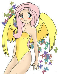 Size: 1024x1297 | Tagged: safe, artist:koku-chan, fluttershy, butterfly, human, pegasus, g4, blushing, cleavage, clothes, cute, female, humanized, one-piece swimsuit, solo, swimsuit, winged humanization, wings
