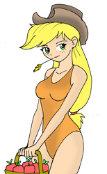 Size: 1024x1663 | Tagged: safe, artist:koku-chan, applejack, human, g4, apple, clothes, cute, female, freckles, humanized, one-piece swimsuit, solo, swimsuit