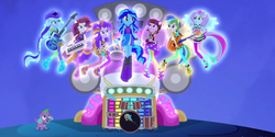 Size: 1358x680 | Tagged: safe, screencap, applejack, fluttershy, pinkie pie, rainbow dash, rarity, spike, sunset shimmer, twilight sparkle, human, equestria girls, g4, my little pony equestria girls: rainbow rocks, bass guitar, bassmobile, battery, drum kit, drums, g major, humane five, humane seven, humane six, implied vinyl scratch, inverted, inverted colors, keytar, microphone, musical instrument, ponied up, pony ears, rainbow of light, sleeveless, tambourine, the rainbooms, twilight sparkle (alicorn), wat, welcome to the show
