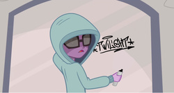 Size: 1280x688 | Tagged: safe, sci-twi, twilight sparkle, equestria girls, g4, my little pony equestria girls: friendship games, clothes, exploitable meme, female, glasses, graffiti, hoodie, marker, meme, solo, vandal twilight, vandalism