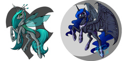 Size: 1181x590 | Tagged: dead source, safe, artist:begasus, nightmare moon, queen chrysalis, g4, armor