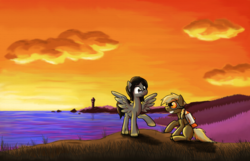 Size: 1239x800 | Tagged: safe, artist:paper-pony, oc, oc only, oc:mortimer hooves, oc:paper pony, earth pony, pegasus, pony, duo, glasses, goggles, jetpack, lighthouse, male, ocean, smiling, stallion, sunset