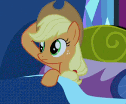 Size: 291x241 | Tagged: safe, screencap, applejack, do princesses dream of magic sheep, g4, season 5, animated, applejack's hat, bed, cowboy hat, cropped, female, hat, hatless, loop, missing accessory, solo, stetson