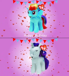 Size: 850x937 | Tagged: safe, rainbow dash, rarity, g4, beanie babies, happy birthday, irl, photo, plushie, ty