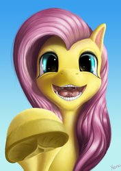 Size: 1024x1448 | Tagged: safe, artist:the1xeno1, fluttershy, pony, g4, female, foreshortening, hooves, open mouth, perspective, solo, teeth, uncanny valley, underhoof