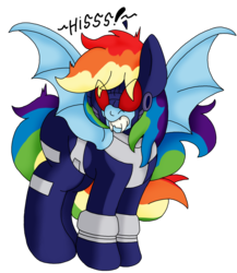 Size: 1513x1741 | Tagged: safe, artist:blackbewhite2k7, rainbow dash, bat pony, pony, vampire, g4, batman, behaving like a bat, crossover, fangs, female, hissing, justice league: gods and monsters, mare, simple background, solo, transparent background, vector