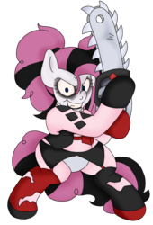 Size: 1429x2105 | Tagged: safe, artist:blackbewhite2k7, pinkie pie, earth pony, pony, g4, bipedal, chainsaw, clothes, cosplay, costume, crossover, dc comics, female, harley quinn, justice league: gods and monsters, looking at you, nightmare fuel, pinkamena diane pie, pinkie quinn, simple background, slasher smile, solo, transparent background