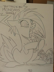 Size: 720x960 | Tagged: safe, artist:trish forstner, oc, oc only, oc:jade aurora, earth pony, pony, caffeine, coffee, crazy face, dialogue, faic, frazzled, insanity, jitters, monday, screaming, sketch, steam, swirly eyes, traditional art, twitching
