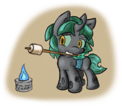 Size: 1280x1113 | Tagged: safe, artist:zutcha, oc, oc only, oc:riley (pap), changeling, changeling queen, fanfic:founders of alexandria, fanfic:the last pony on earth, ponies after people, changeling oc, changeling queen oc, cute, fanfic, fanfic art, female, filly, fire, hooves, horn, illustration, marshmallow, mouth hold, solo, sterno, wings