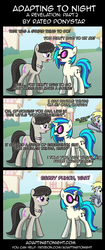 Size: 850x2020 | Tagged: safe, artist:terminuslucis, derpy hooves, dj pon-3, octavia melody, vinyl scratch, earth pony, pegasus, pony, undead, unicorn, vampire, vampony, comic:adapting to night, comic:adapting to night: a revelation, g4, argument, comic, female, implied berry punch, mare, noodle incident, octavia is not amused, offscreen character, ponyville, unamused, vinyl scratch is not amused