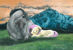 Size: 1424x968 | Tagged: safe, artist:failduck, fluttershy, horse, g4, grass, horse-pony interaction, mountain, nuzzling, prone, traditional art