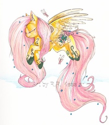 Size: 600x692 | Tagged: safe, artist:tatsu-nana, fluttershy, butterfly, g4, eyes closed, female, solo, traditional art