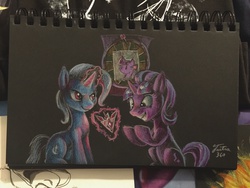 Size: 1280x960 | Tagged: safe, artist:tsitra360, starlight glimmer, trixie, twilight sparkle, alicorn, pony, g4, alicorn amulet, dartboard of hate, equestria is doomed, female, hilarious in hindsight, mare, photo, traditional art, twilight sparkle (alicorn), xk-class end-of-the-world scenario