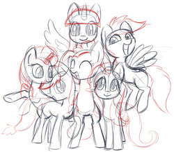 Size: 3698x3245 | Tagged: safe, artist:artoftheghostie, applejack, fluttershy, pinkie pie, rainbow dash, rarity, twilight sparkle, alicorn, pony, g4, female, high res, mane six, mare, monochrome, sketch, twilight sparkle (alicorn)