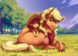 Size: 3496x2548 | Tagged: safe, artist:dawnfire, artist:php130, apple bloom, applejack, earth pony, pony, g4, accessory swap, apple tree, bandana, collaboration, cute, fence, floppy ears, fluffy, giant hat, grass, hat, high res, leaning, open mouth, prone, scar, scenery, smiling, tree, unshorn fetlocks, wink