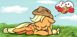 Size: 1074x513 | Tagged: safe, artist:notenoughapples, applejack, earth pony, pony, g4, apple, cute, dream, eyes closed, female, jackabetes, lying down, prone, sleeping, smiling, solo, that pony sure does love apples, thought bubble