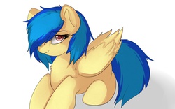 Size: 1280x800 | Tagged: safe, artist:evange, oc, oc only, oc:silvia windmane, pegasus, pony, bedroom eyes, cute, hair over one eye, looking at you, prone, simple background, smiling, solo, white background