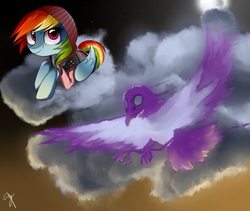Size: 1281x1081 | Tagged: safe, artist:supermare, rainbow dash, g4, clothes, cloud, cloudy, crossover, delsin rowe, hoodie, infamous, infamous second son, moon, sky, video game
