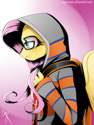 Size: 1181x1574 | Tagged: safe, artist:supermare, fluttershy, anthro, g4, clothes, crossover, eugene sims, female, glasses, hoodie, infamous, infamous second son, solo