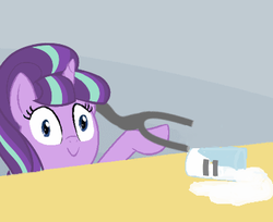 Size: 391x319 | Tagged: safe, starlight glimmer, pony, unicorn, g4, equal, exploitable meme, female, meme, milk, pure unfiltered evil, s5 starlight, solo, spilled milk, staff, staff of sameness, starlight glimmer is worst pony, this ended in communism