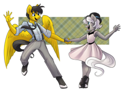 Size: 3844x2843 | Tagged: safe, artist:pixel-prism, oc, oc only, oc:carbon copy, oc:steelshine, pegasus, unicorn, anthro, unguligrade anthro, armpits, clothes, couple, dancing, dress, female, fun, happy, hat, high res, male, necktie, neighvada nights, pants, shirt, shoes, suspenders