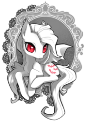 Size: 750x1000 | Tagged: safe, artist:sambragg, fluttershy, g4, female, flutterbat, grayscale, limited palette, monochrome, partial color, red eyes, sitting, solo