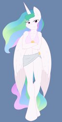 Size: 4280x8340 | Tagged: safe, artist:ambris, artist:scarletlightning565, princess celestia, anthro, unguligrade anthro, g4, absurd resolution, belly button, chest fluff, cleavage, crossed arms, ear fluff, female, fluffy, looking at you, midriff, smiling, solo