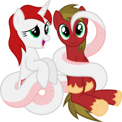 Size: 6421x6400 | Tagged: safe, artist:parclytaxel, oc, oc only, oc:boltblood thundercloud, oc:ruby scales, lamia, original species, pegasus, pony, unicorn, .svg available, absurd resolution, coils, cute, foreplay, looking at you, pre-hypnosis, simple background, smiling, transparent background, unshorn fetlocks, vector