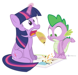 Size: 810x780 | Tagged: safe, artist:dm29, spike, twilight sparkle, alicorn, pony, g4, book, duo, female, mare, messy eating, quesadilla, simple background, that pony sure does love books, they're just so cheesy, this will end in laughs, this will end in tears, transparent background, twilight sparkle (alicorn), you dun goofed